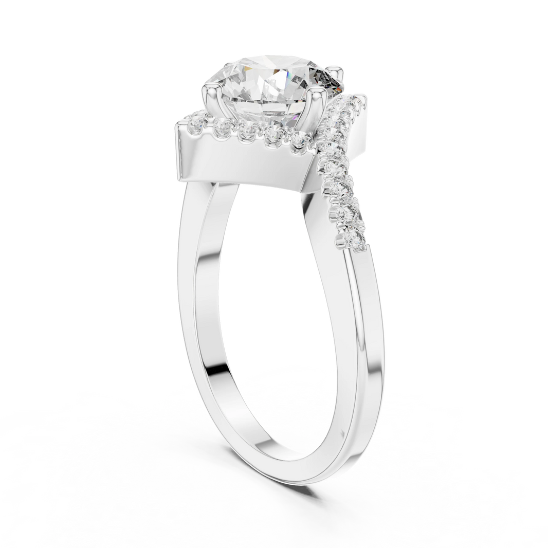 Round Kite Halo Bypass Moissanite Engagement Ring in white 925 sterling silver, view 1
