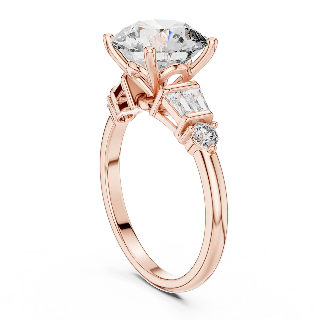 Round Baguette Side Stone Moissanite Engagement Ring in rose 925 sterling silver, view 1