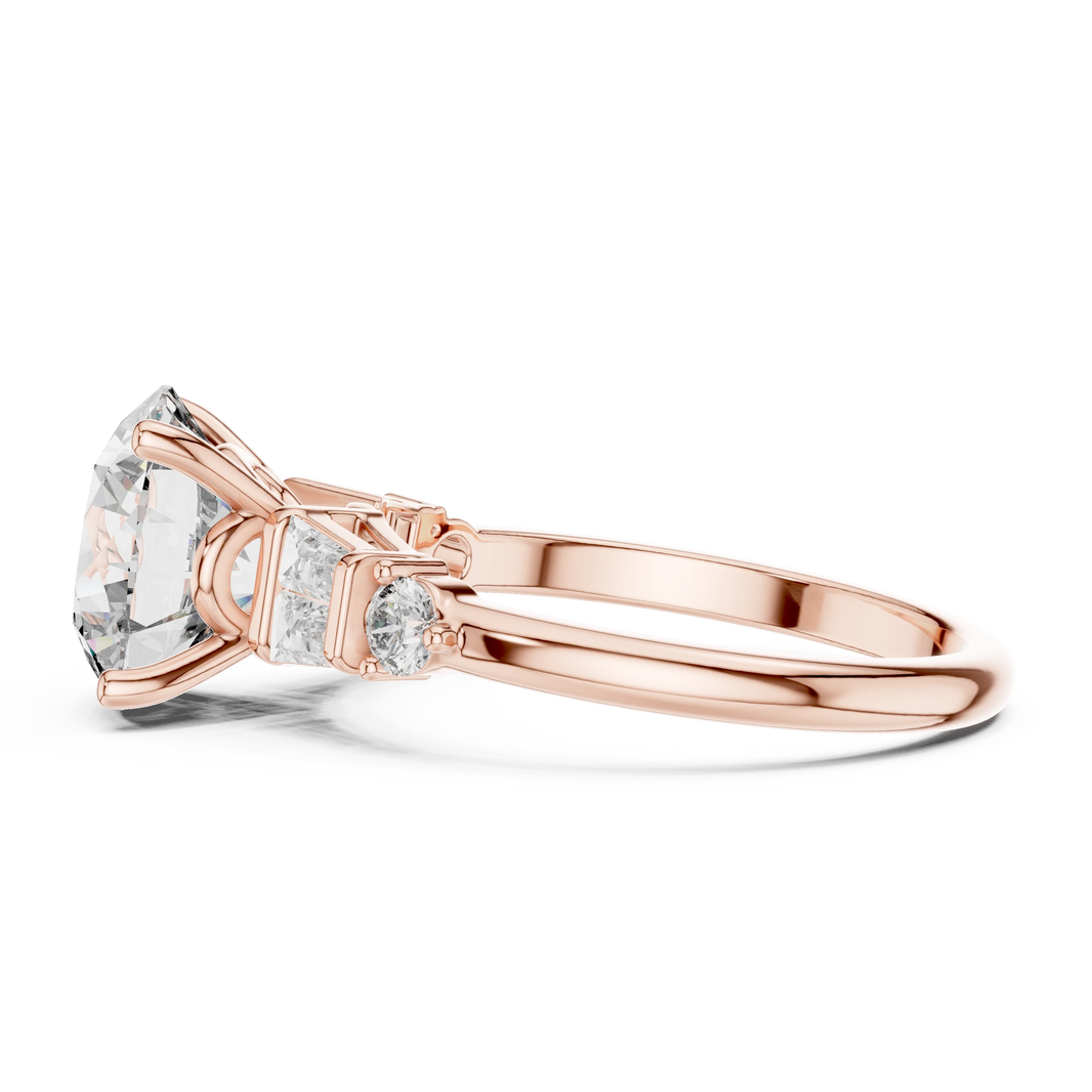 Round Baguette Side Stone Moissanite Engagement Ring in rose 925 sterling silver, view 3