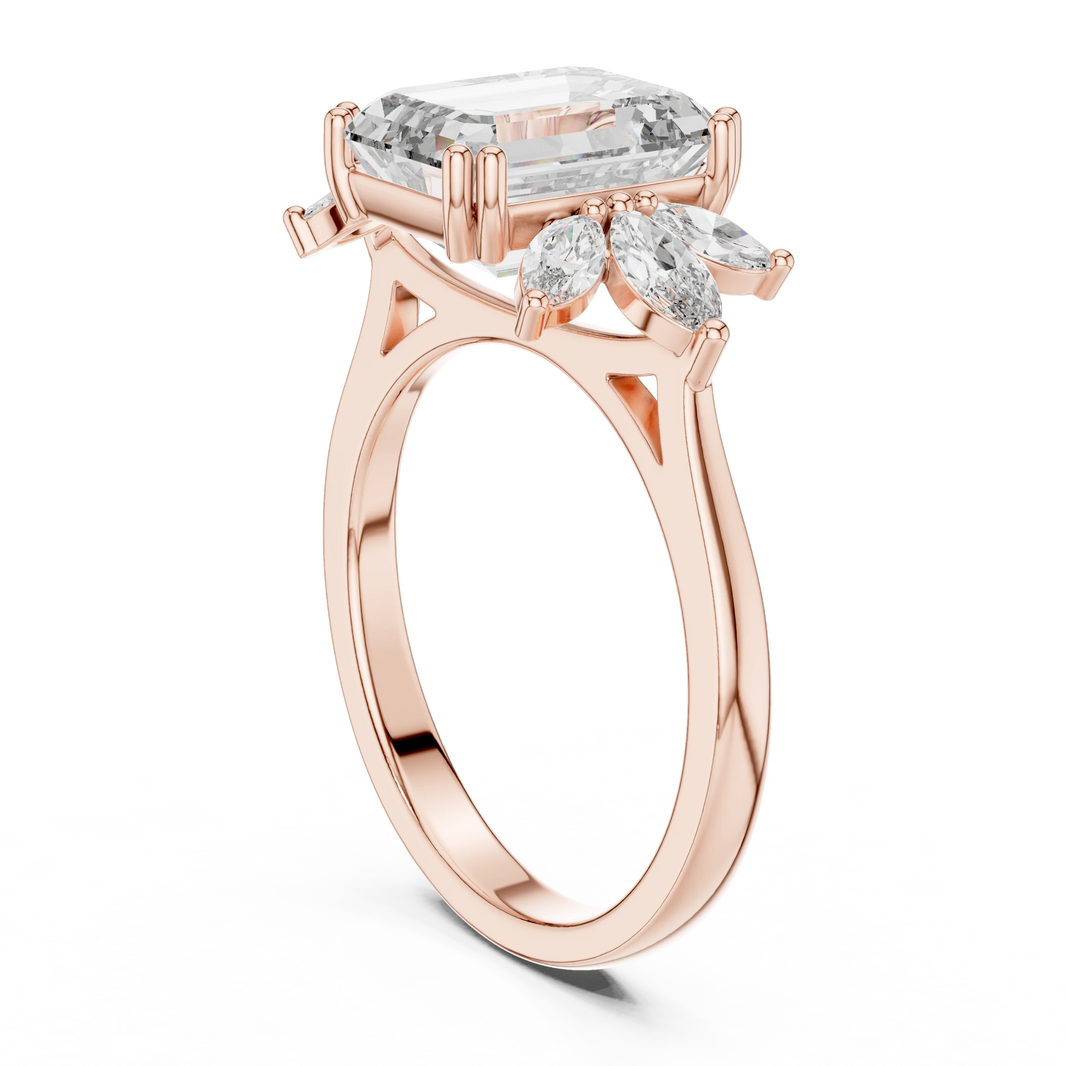 Emerald Cut Marquise Fan Moissanite Engagement Ring in rose 925 sterling silver, view 1