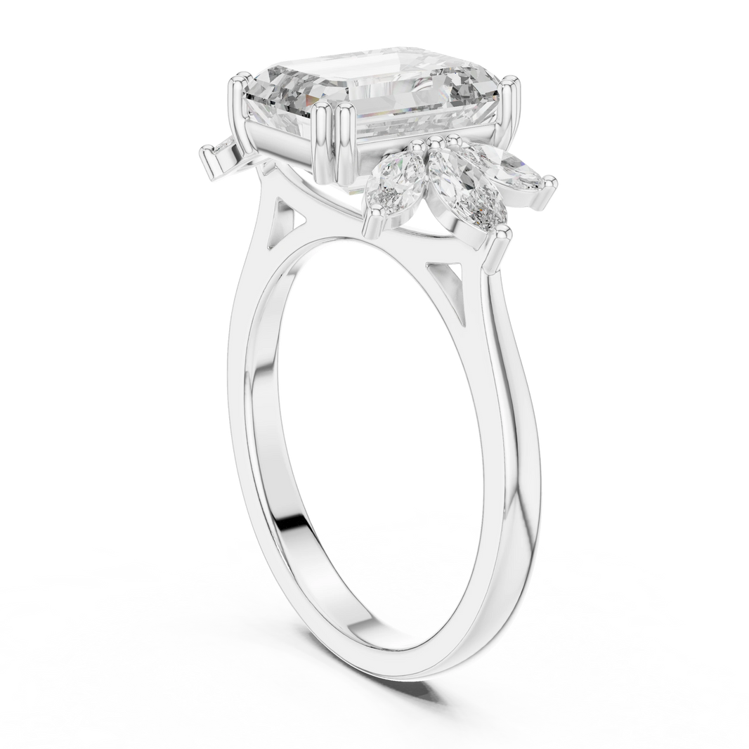 Emerald Cut Marquise Fan Moissanite Engagement Ring in white 925 sterling silver, view 1