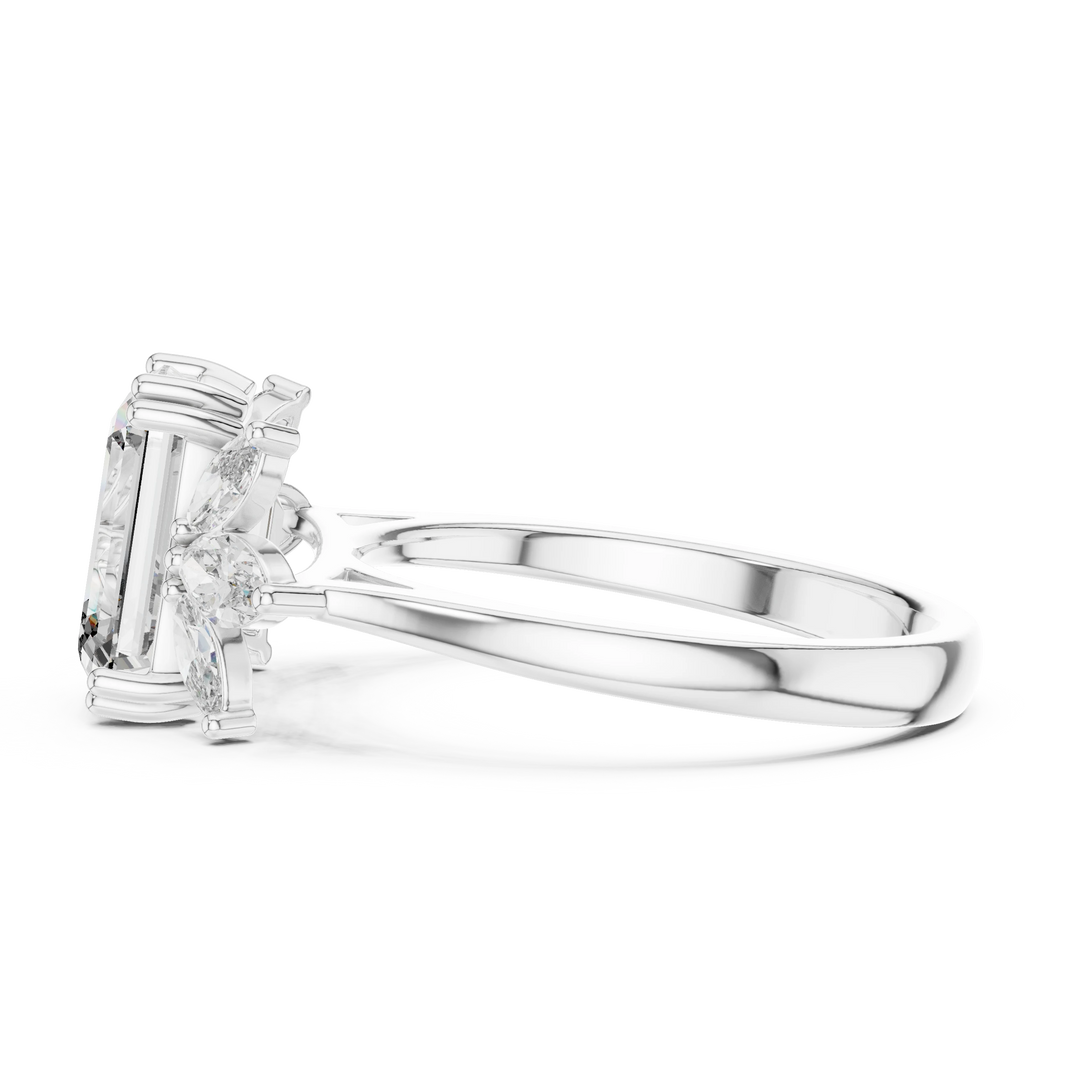 Emerald Cut Marquise Fan Moissanite Engagement Ring in white 925 sterling silver, view 3