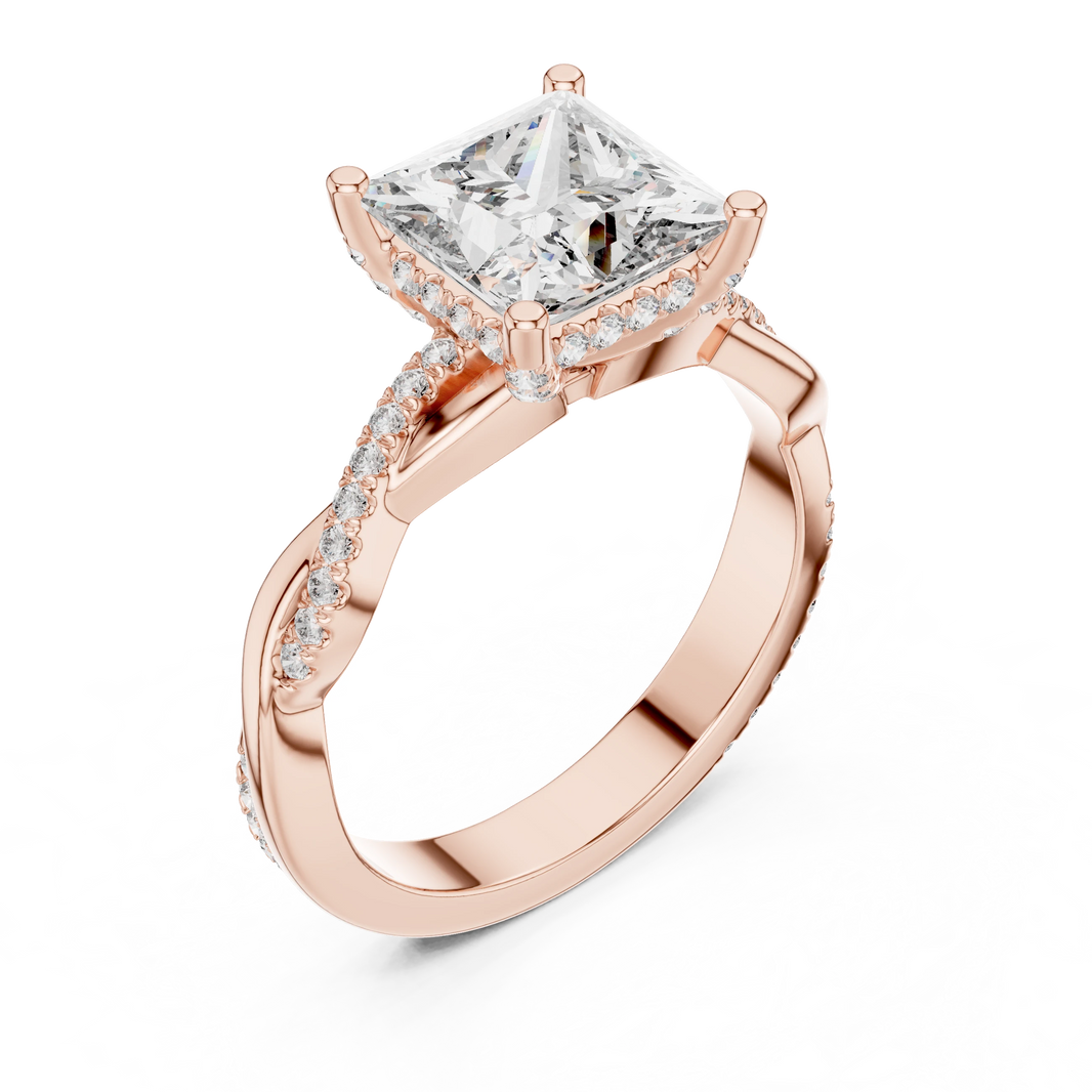 Princess Cut Hidden Halo Twist Moissanite Engagement Ring in rose 925 sterling silver, view 2
