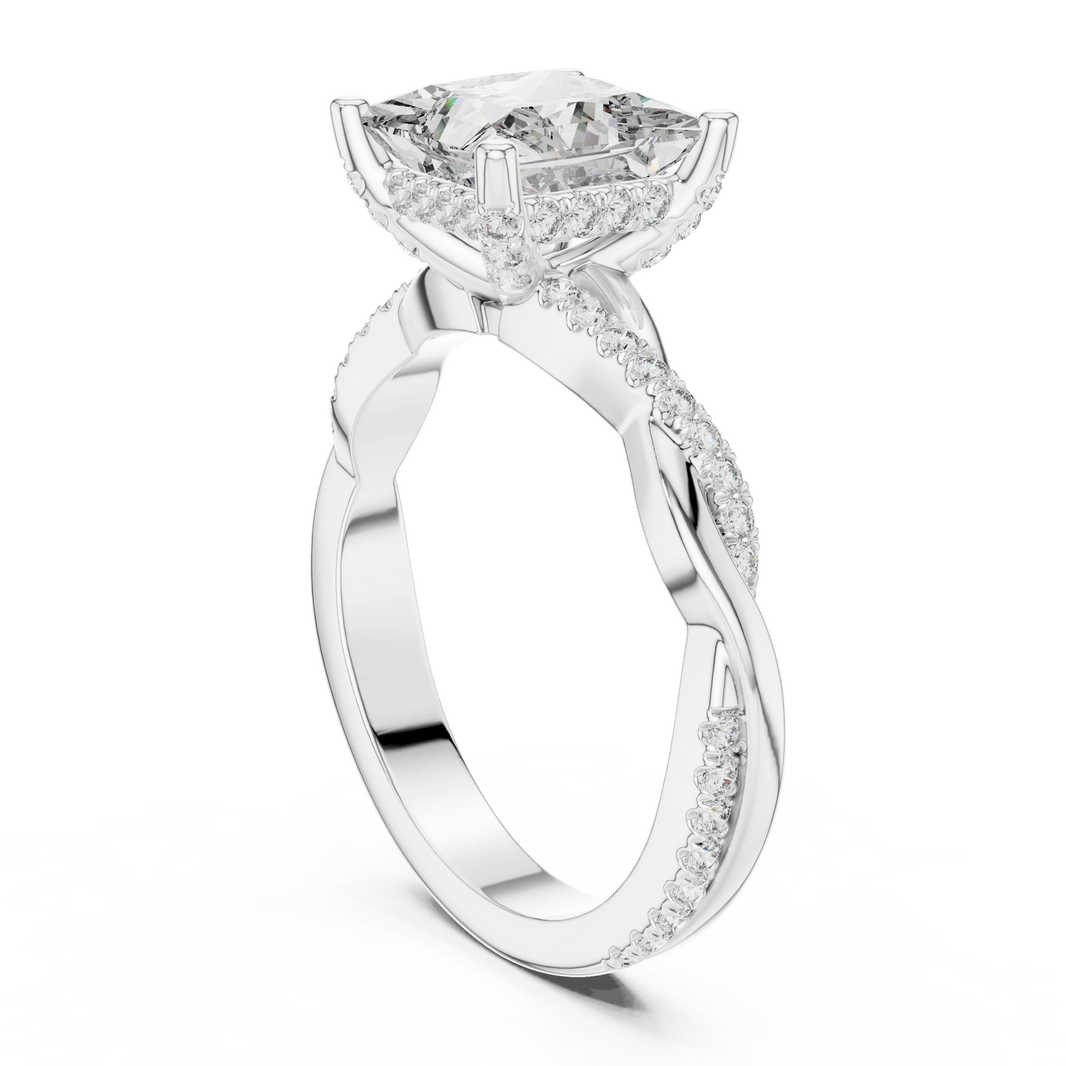 Princess Cut Hidden Halo Twist Moissanite Engagement Ring in white 925 sterling silver, view 1