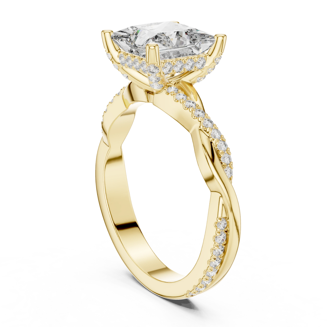 Princess Cut Hidden Halo Twist Moissanite Engagement Ring in yellow 925 sterling silver, view 1