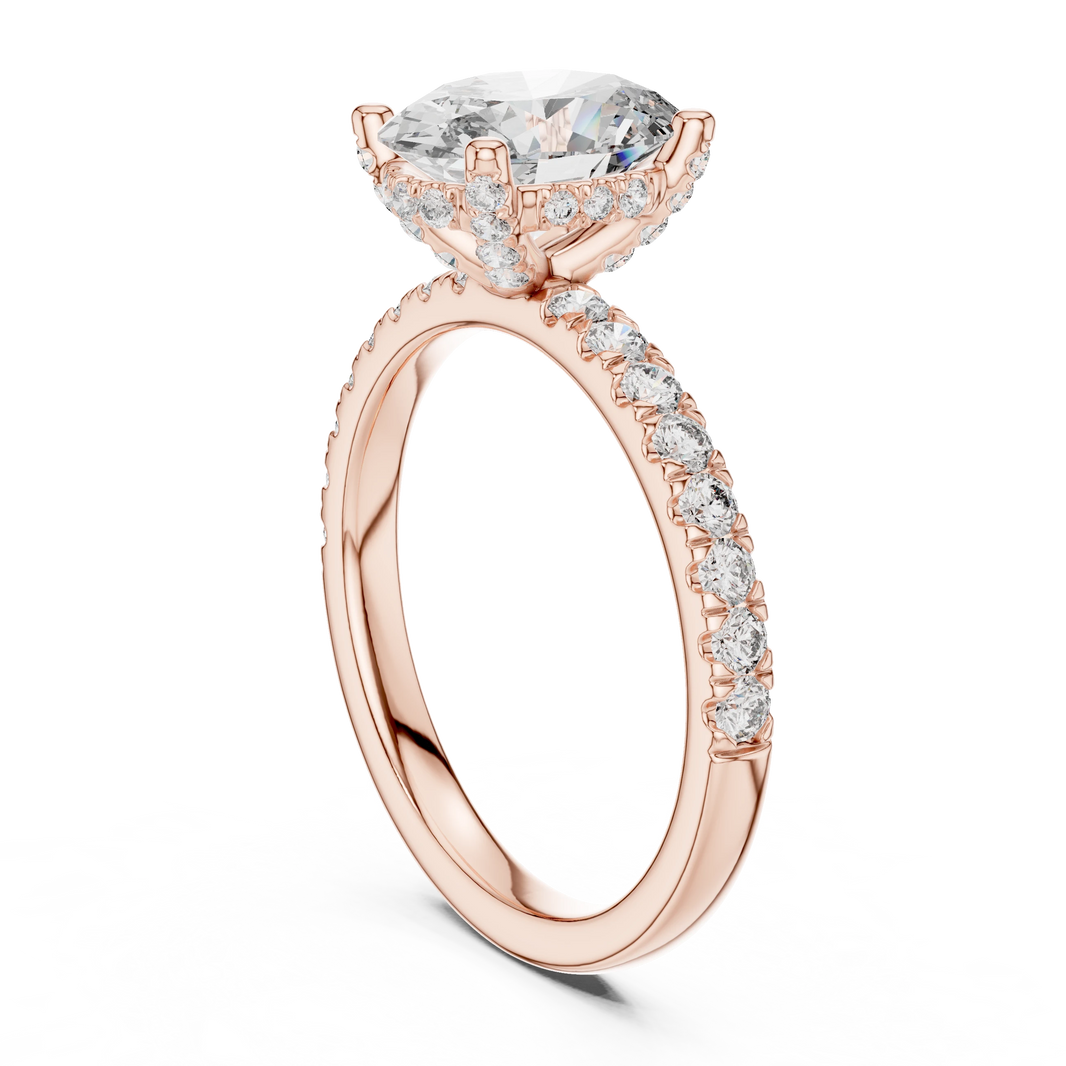 Oval Hidden Halo Pavé Band Moissanite Engagement Ring in rose 925 sterling silver, view 1