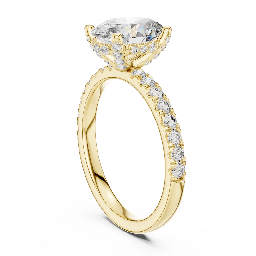 Oval Hidden Halo Pavé Band Moissanite Engagement Ring in yellow 925 sterling silver, view 1