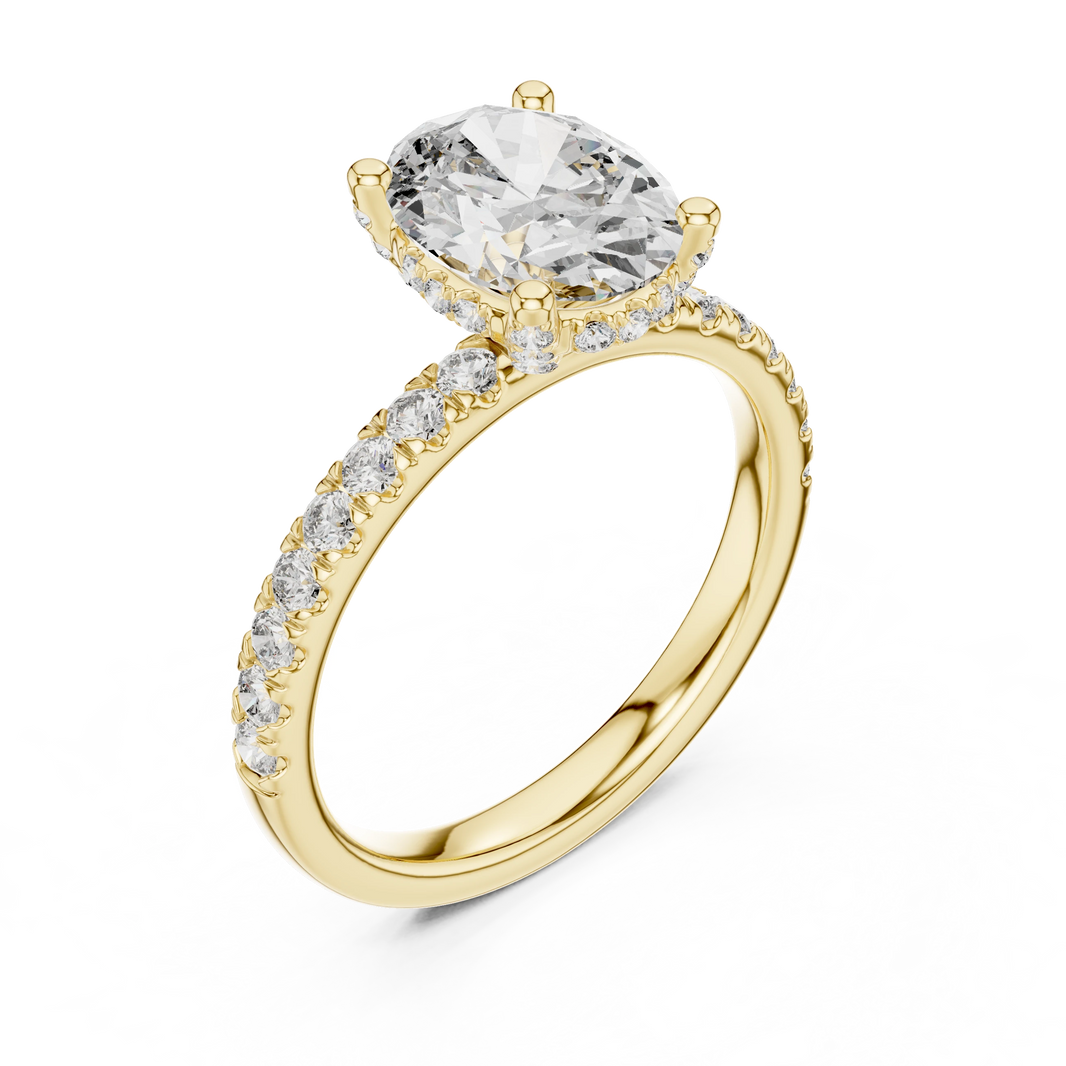 Oval Hidden Halo Pavé Band Moissanite Engagement Ring in yellow 925 sterling silver, view 2