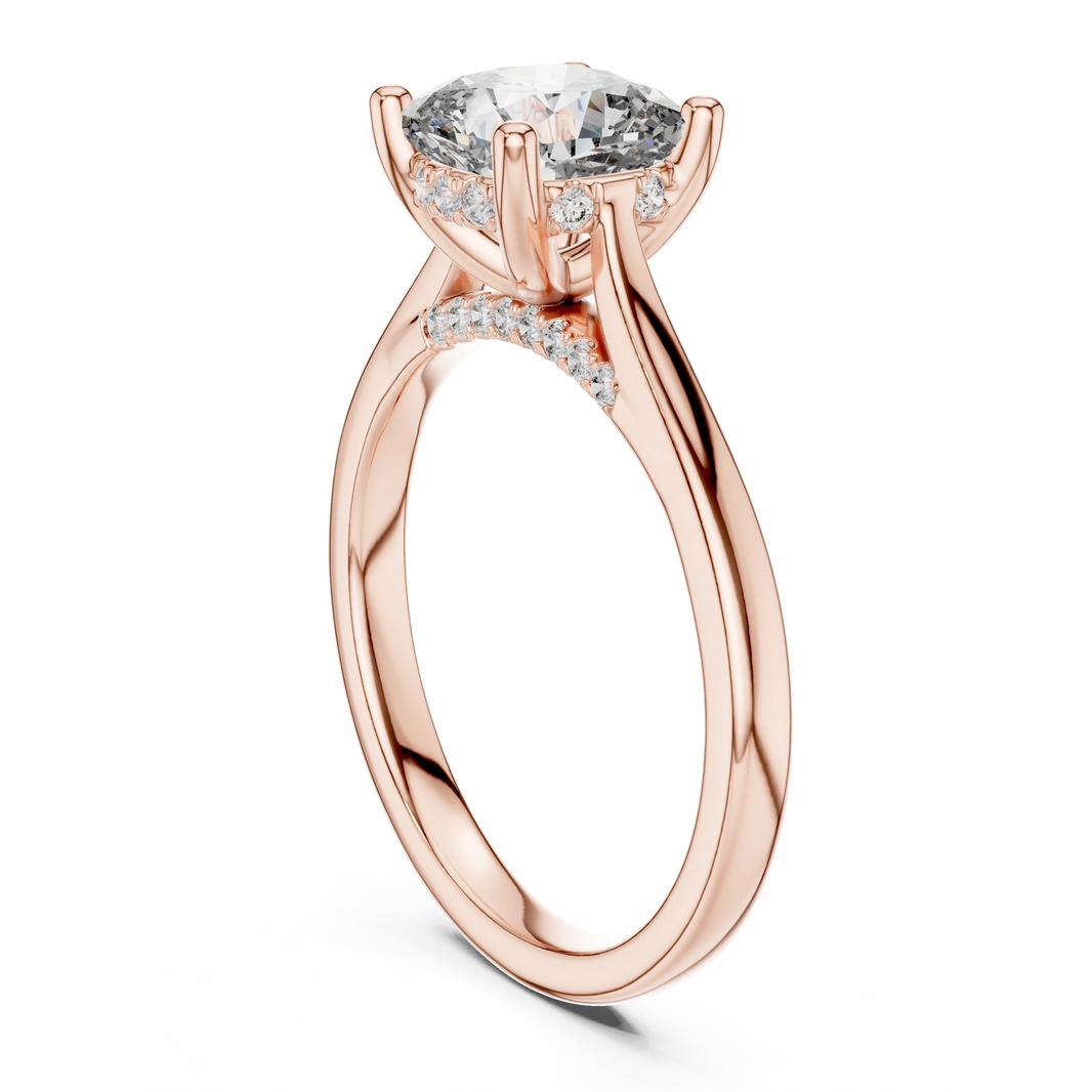 Cushion Cathedral Hidden Halo Moissanite Engagement Ring in rose 925 sterling silver, view 1
