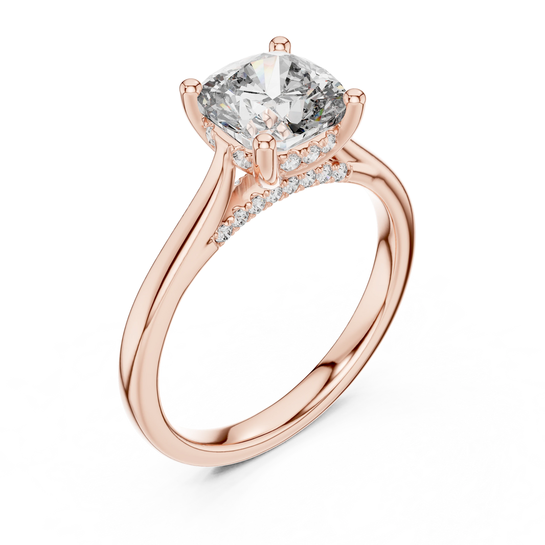 Cushion Cathedral Hidden Halo Moissanite Engagement Ring in rose 925 sterling silver, view 2