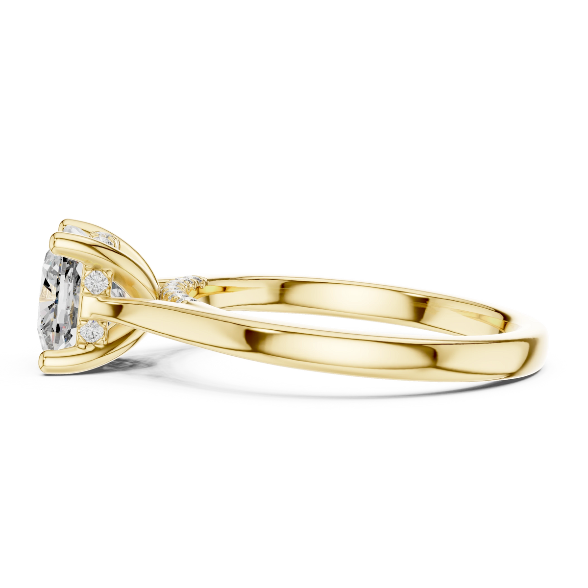Cushion Cathedral Hidden Halo Moissanite Engagement Ring in yellow 925 sterling silver, view 3