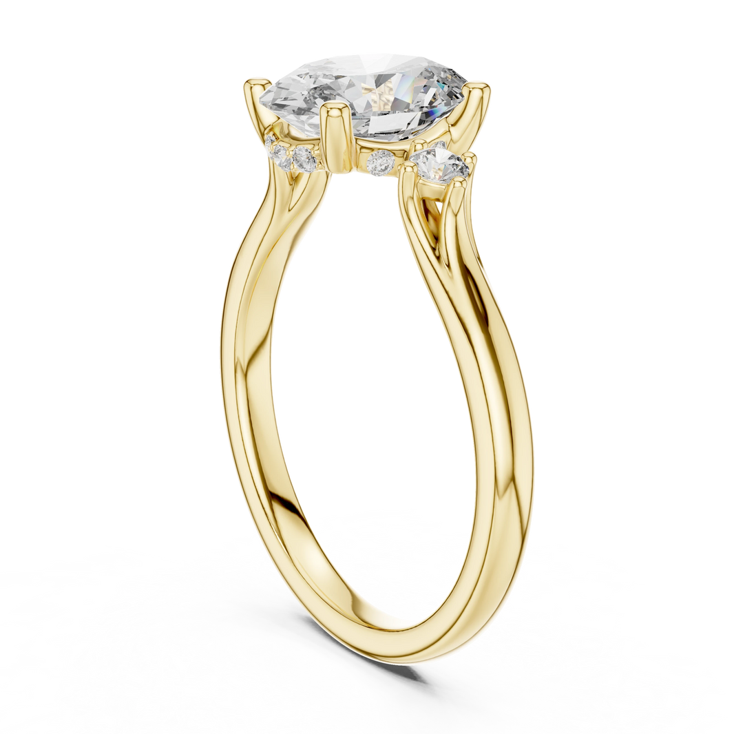 Oval Three Stone Split Shoulder Moissanite Engagement Ring in yellow 925 sterling silver, view 1