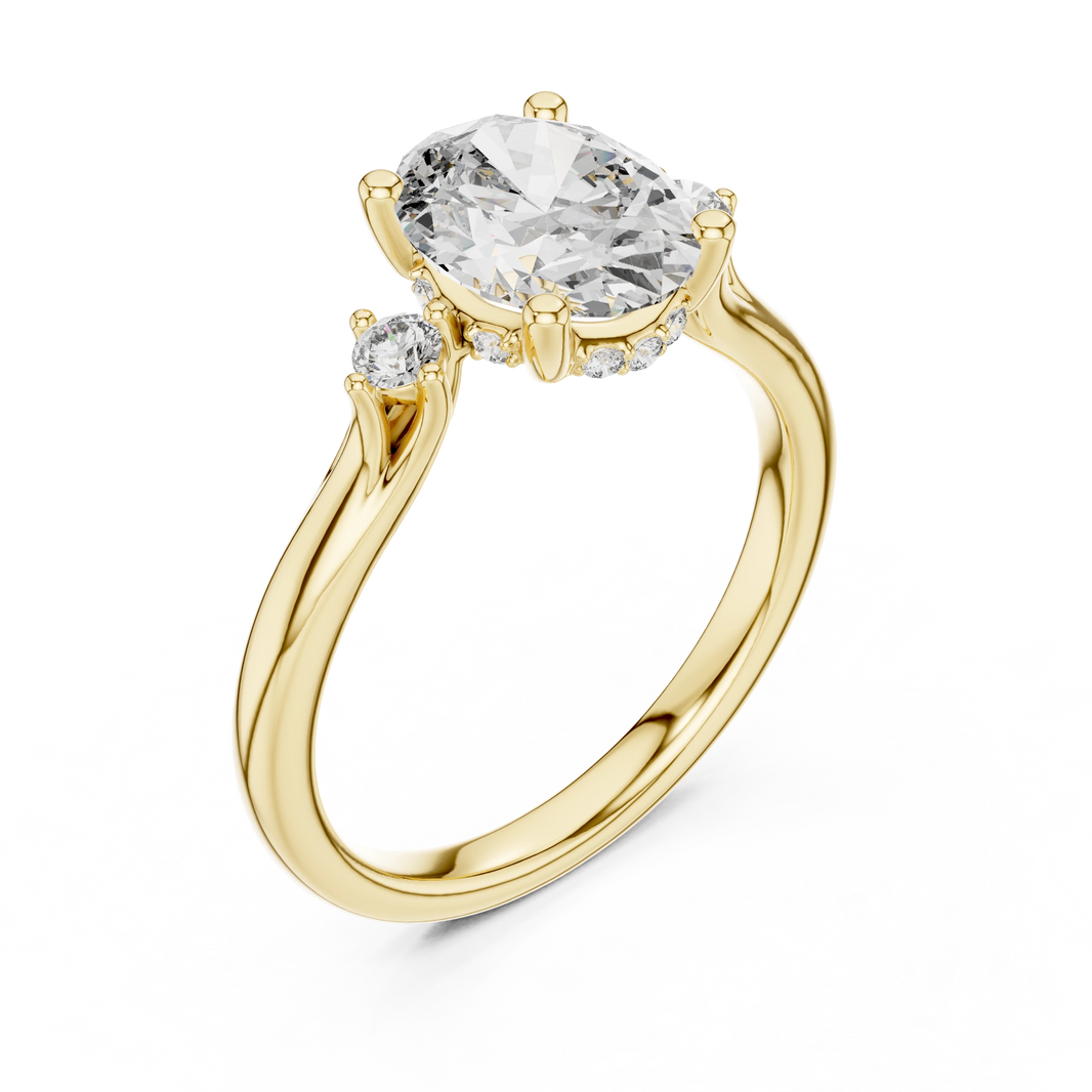Oval Three Stone Split Shoulder Moissanite Engagement Ring in yellow 925 sterling silver, view 2
