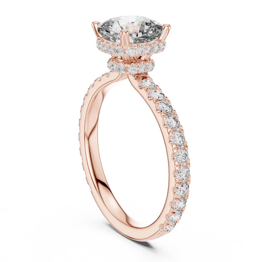 Cushion Double Hidden Halo Pavé Moissanite Engagement Ring in rose 925 sterling silver, view 1