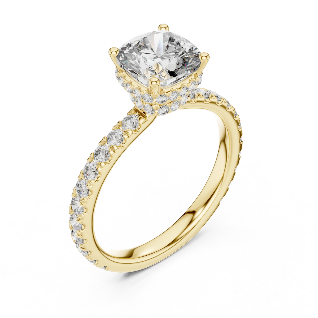 Cushion Double Hidden Halo Pavé Moissanite Engagement Ring in yellow 925 sterling silver, view 2