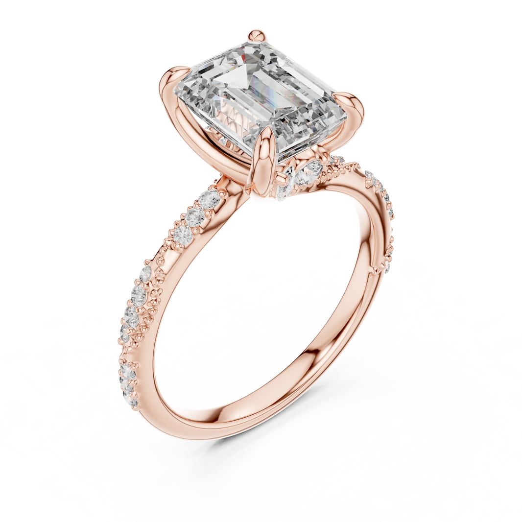 Emerald Cut Twisted Vine Moissanite Engagement Ring in rose 925 sterling silver, view 2