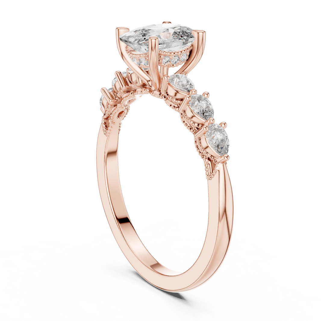 Elongated Cushion Pear Side Stone Moissanite Engagement Ring in rose 925 sterling silver, view 1