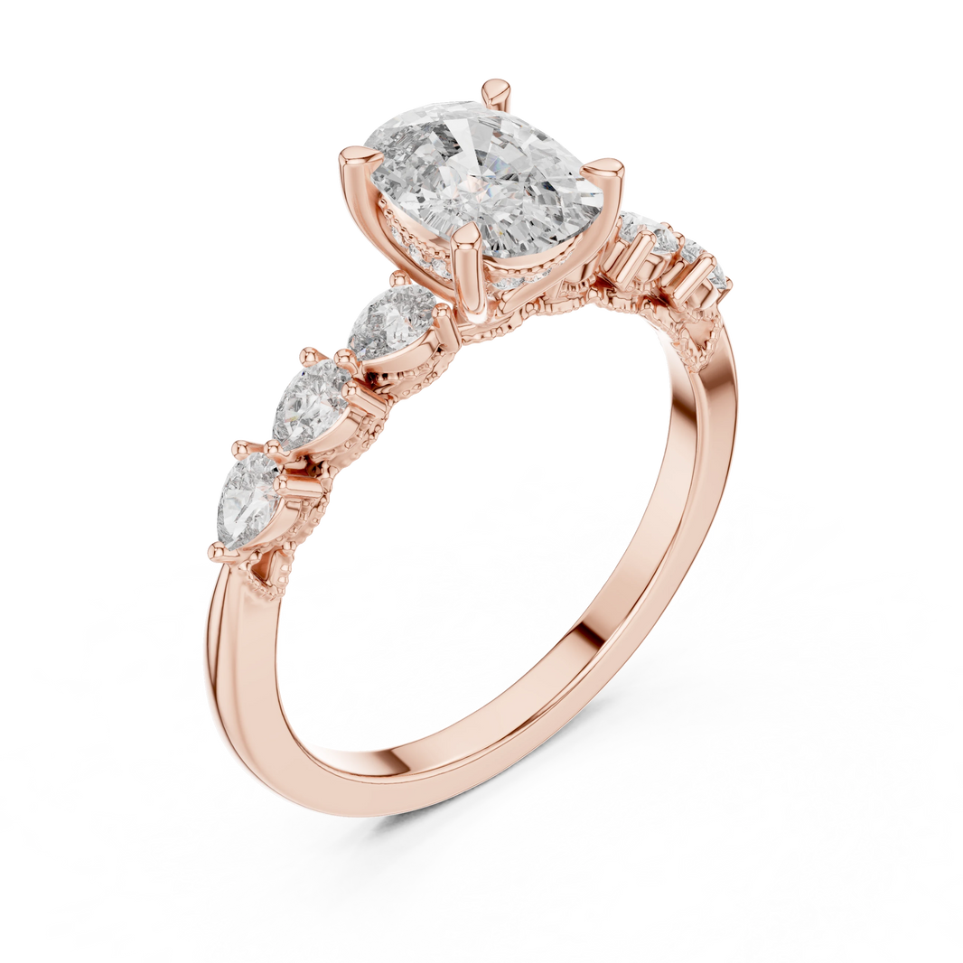 Elongated Cushion Pear Side Stone Moissanite Engagement Ring in rose 925 sterling silver, view 2
