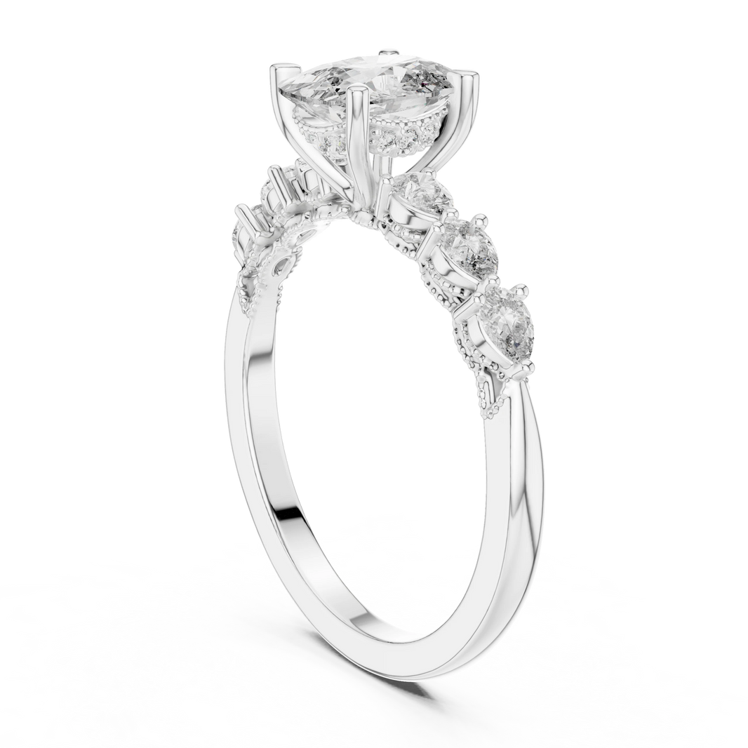 Elongated Cushion Pear Side Stone Moissanite Engagement Ring in white 925 sterling silver, view 1