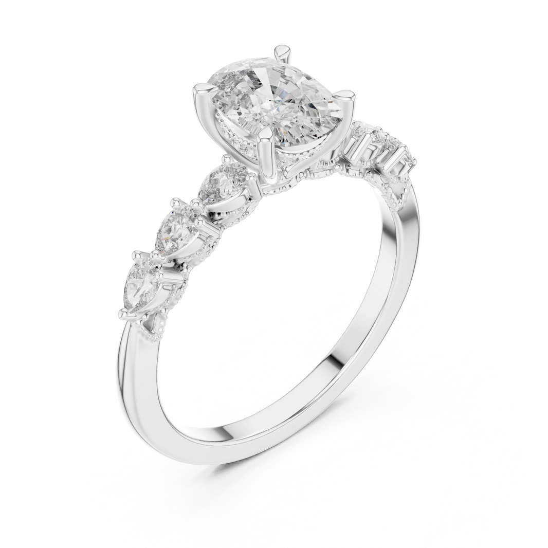 Elongated Cushion Pear Side Stone Moissanite Engagement Ring in white 925 sterling silver, view 2