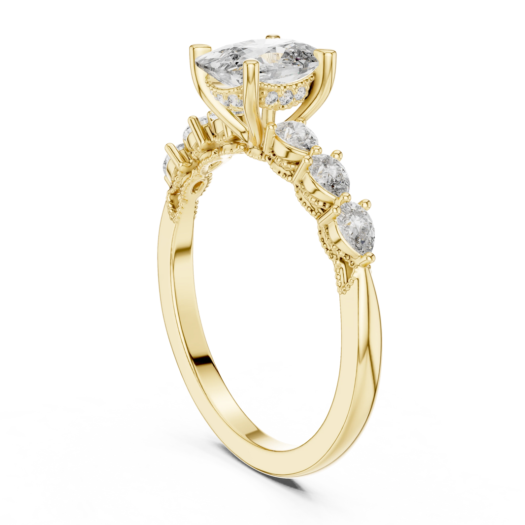 Elongated Cushion Pear Side Stone Moissanite Engagement Ring in yellow 925 sterling silver, view 1
