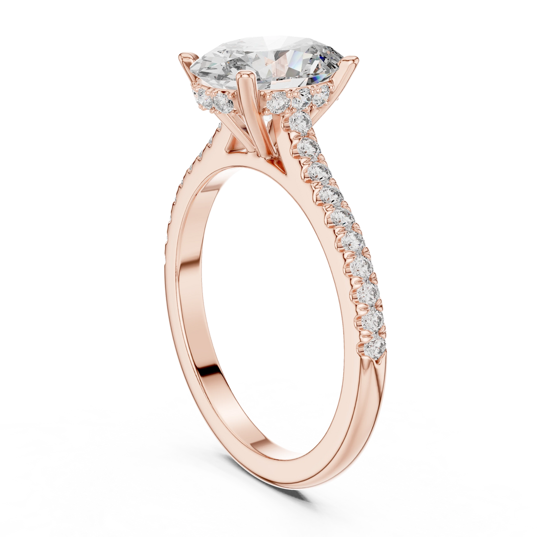 Oval Hidden Halo Cathedral Pavé Moissanite Engagement Ring in rose 925 sterling silver, view 1