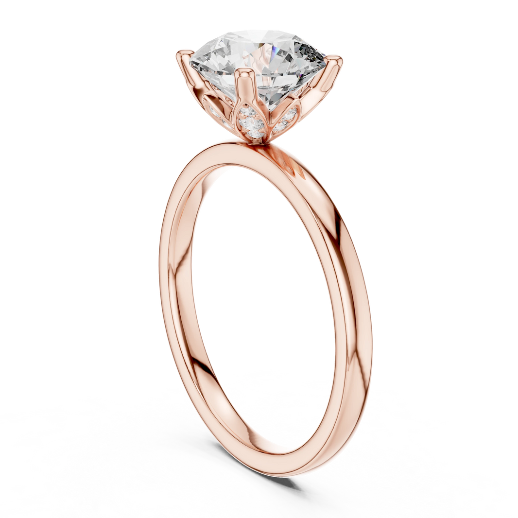 Round Lotus Basket Moissanite Solitaire Engagement Ring in rose 925 sterling silver, view 1