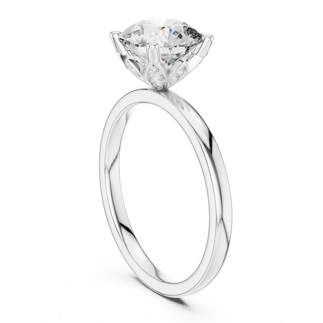 Round Lotus Basket Moissanite Solitaire Engagement Ring in white 925 sterling silver, view 1