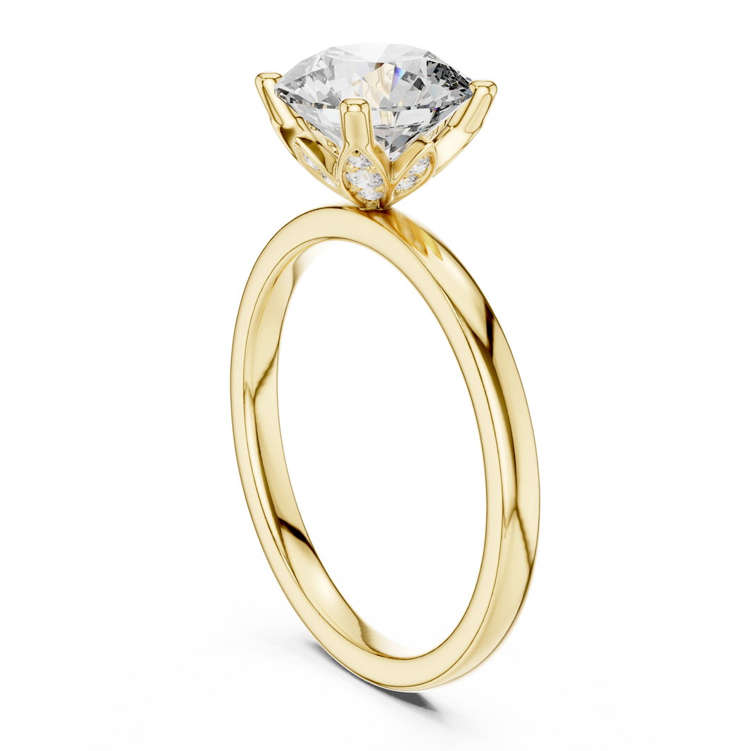 Round Lotus Basket Moissanite Solitaire Engagement Ring in yellow 925 sterling silver, view 1