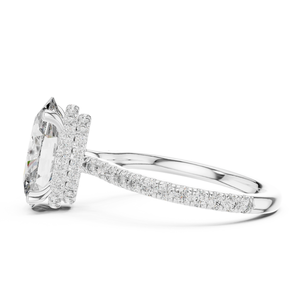 Elongated Oval Double Hidden Halo Moissanite Engagement Ring in white 925 sterling silver, view 3