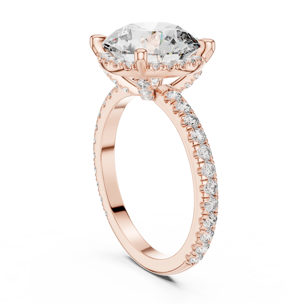 Round Thin Halo Pavé Band Moissanite Engagement Ring in rose 925 sterling silver, view 1
