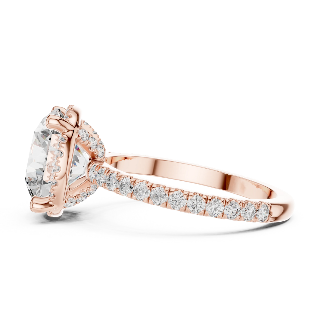 Round Thin Halo Pavé Band Moissanite Engagement Ring in rose 925 sterling silver, view 3