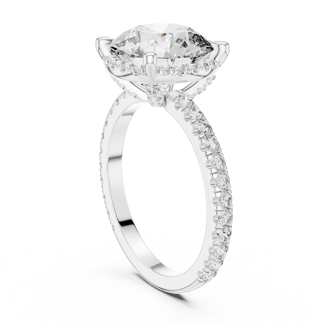 Round Thin Halo Pavé Band Moissanite Engagement Ring in white 925 sterling silver, view 1
