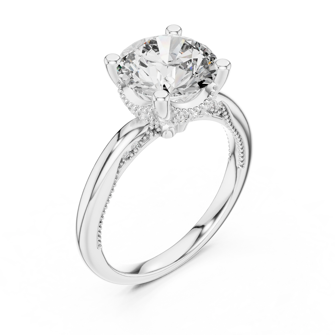 Round Vintage Milgrain Moissanite Solitaire Engagement Ring in white 925 sterling silver, view 2