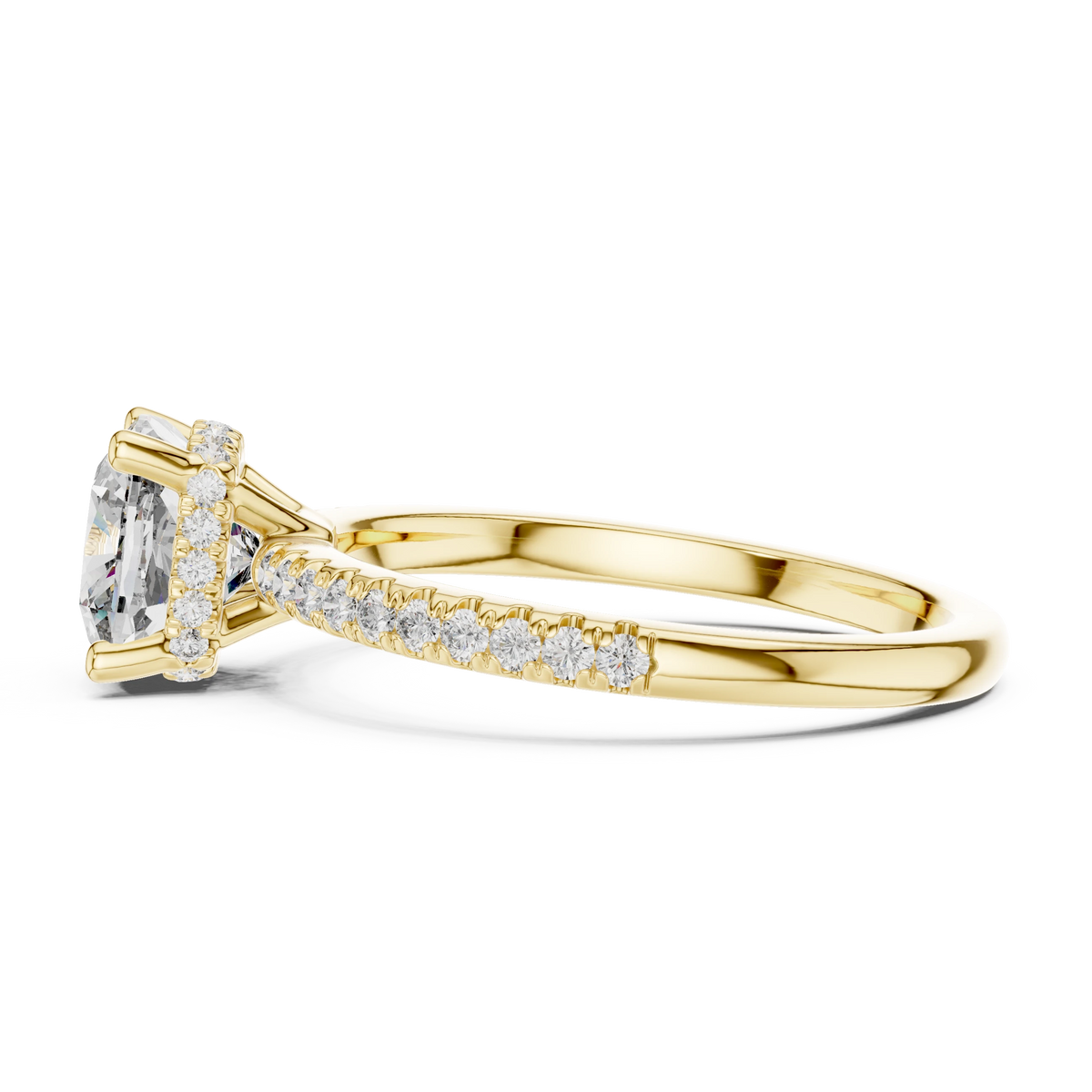 Cushion Hidden Halo Pavé Band Moissanite Engagement Ring in yellow 925 sterling silver, view 3