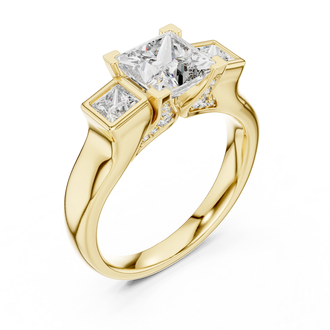 Princess Cut Three Stone Bezel Moissanite Engagement Ring in yellow 925 sterling silver, view 2
