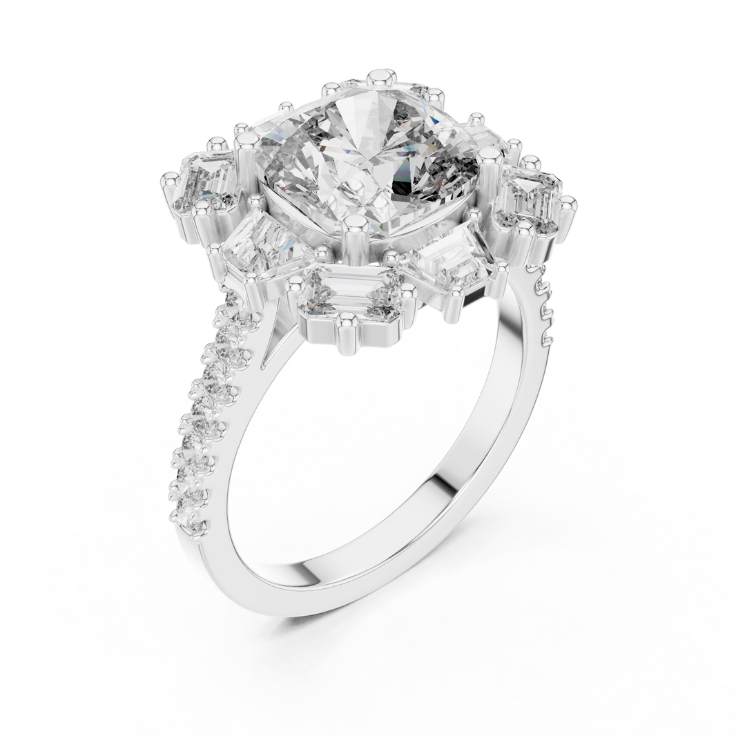 Cushion Mixed Baguette Halo Moissanite Engagement Ring in white 925 sterling silver, view 2
