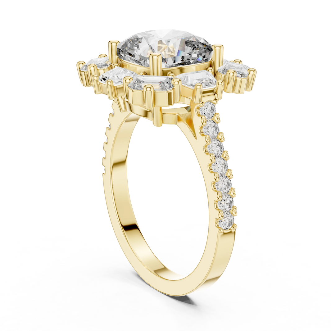 Cushion Mixed Baguette Halo Moissanite Engagement Ring in yellow 925 sterling silver, view 1