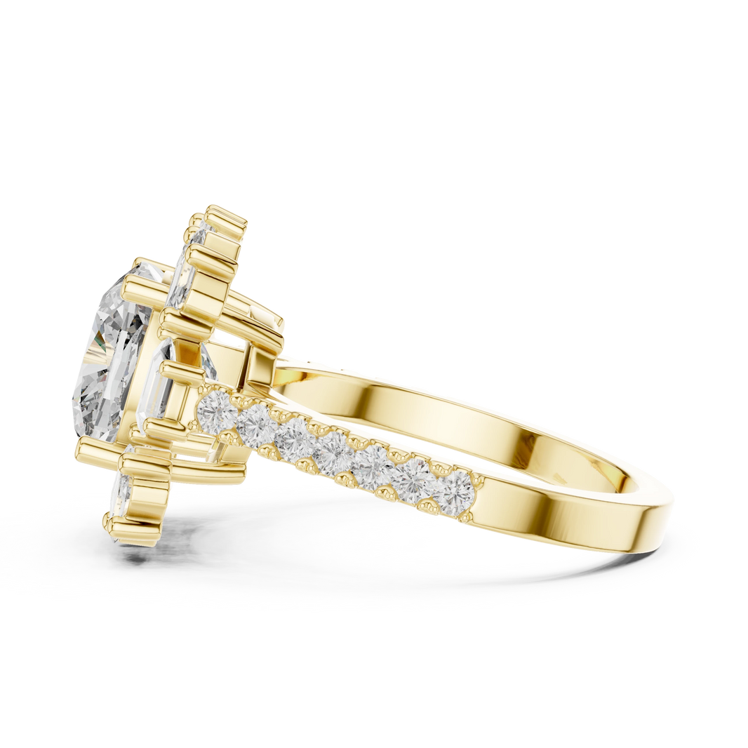Cushion Mixed Baguette Halo Moissanite Engagement Ring in yellow 925 sterling silver, view 3