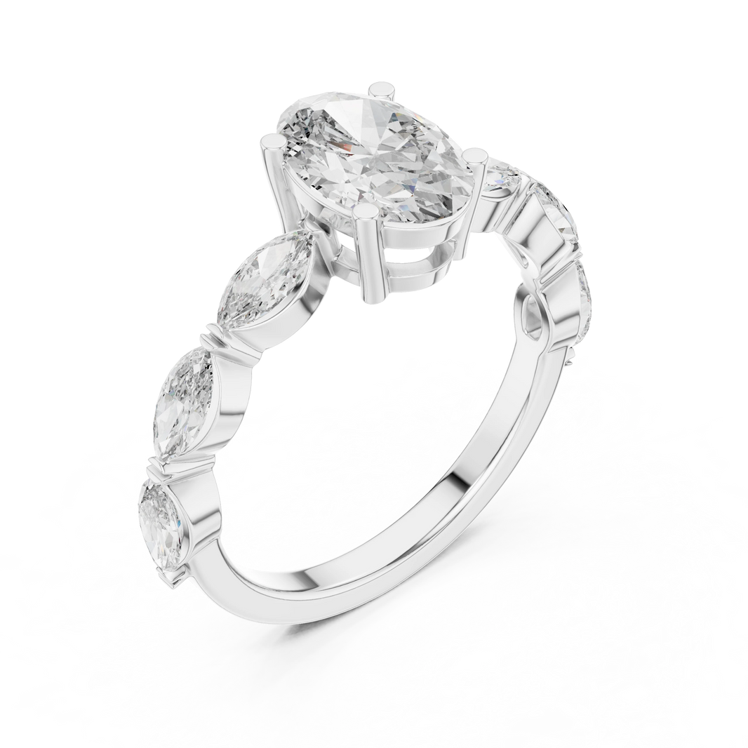 Oval Marquise Station Moissanite Engagement Ring in white 925 sterling silver, view 2