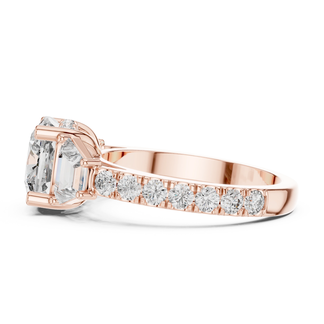 Cushion Trapezoid Three Stone Moissanite Engagement Ring in rose 925 sterling silver, view 3