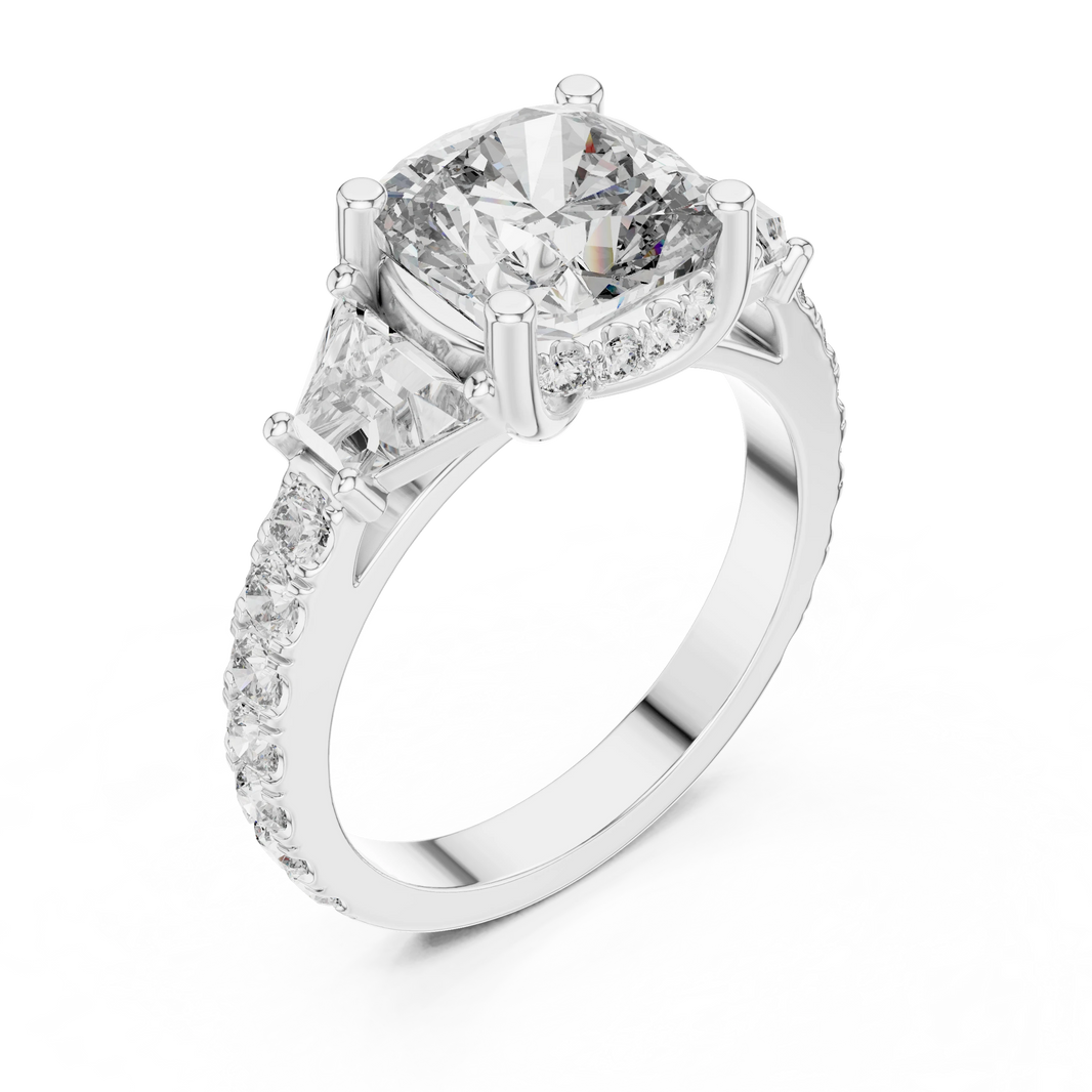 Cushion Trapezoid Three Stone Moissanite Engagement Ring in white 925 sterling silver, view 2