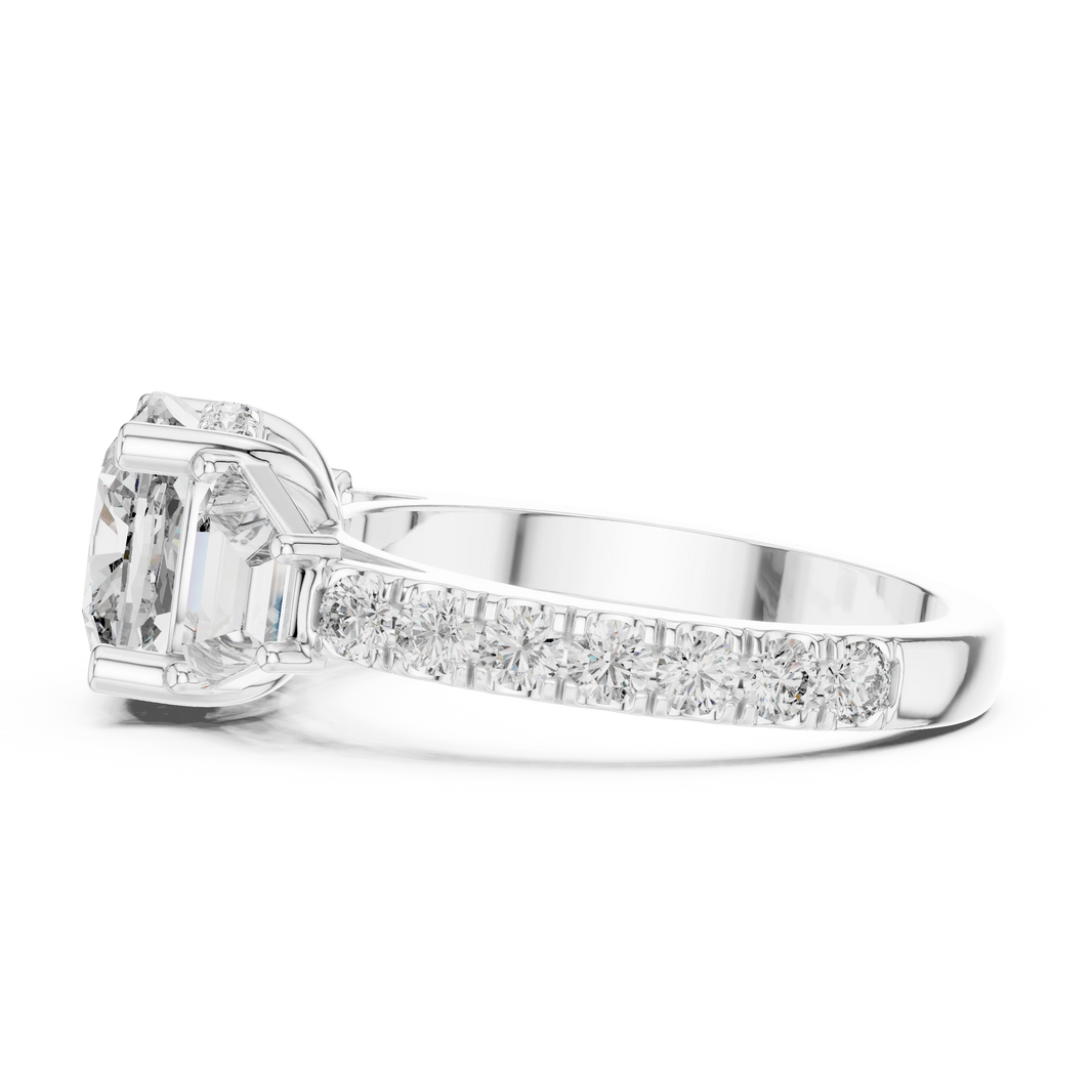 Cushion Trapezoid Three Stone Moissanite Engagement Ring in white 925 sterling silver, view 3