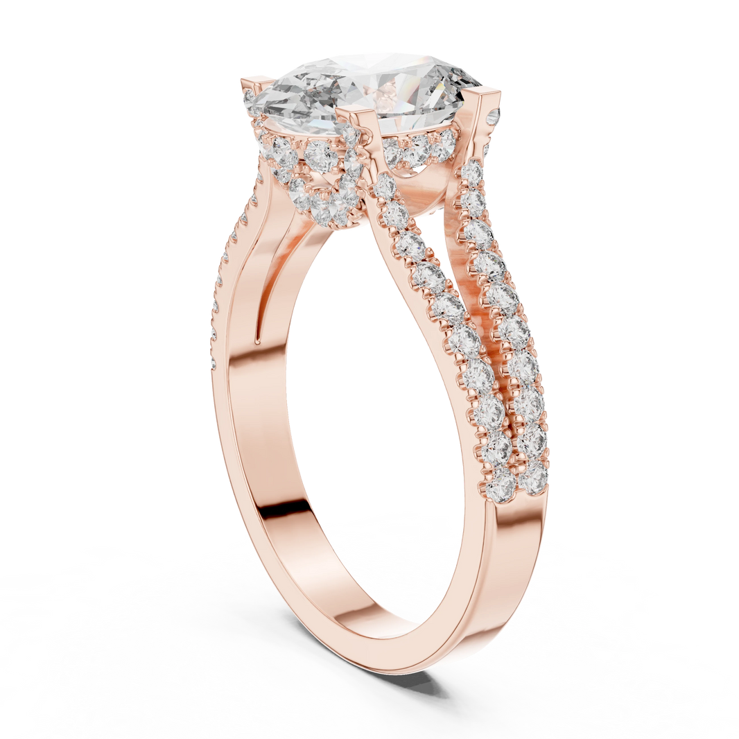 Oval Hidden Halo Split Shank Moissanite Engagement Ring in rose 925 sterling silver, view 1