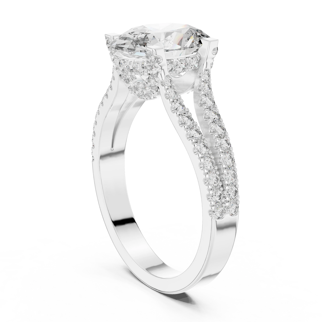 Oval Hidden Halo Split Shank Moissanite Engagement Ring in white 925 sterling silver, view 1