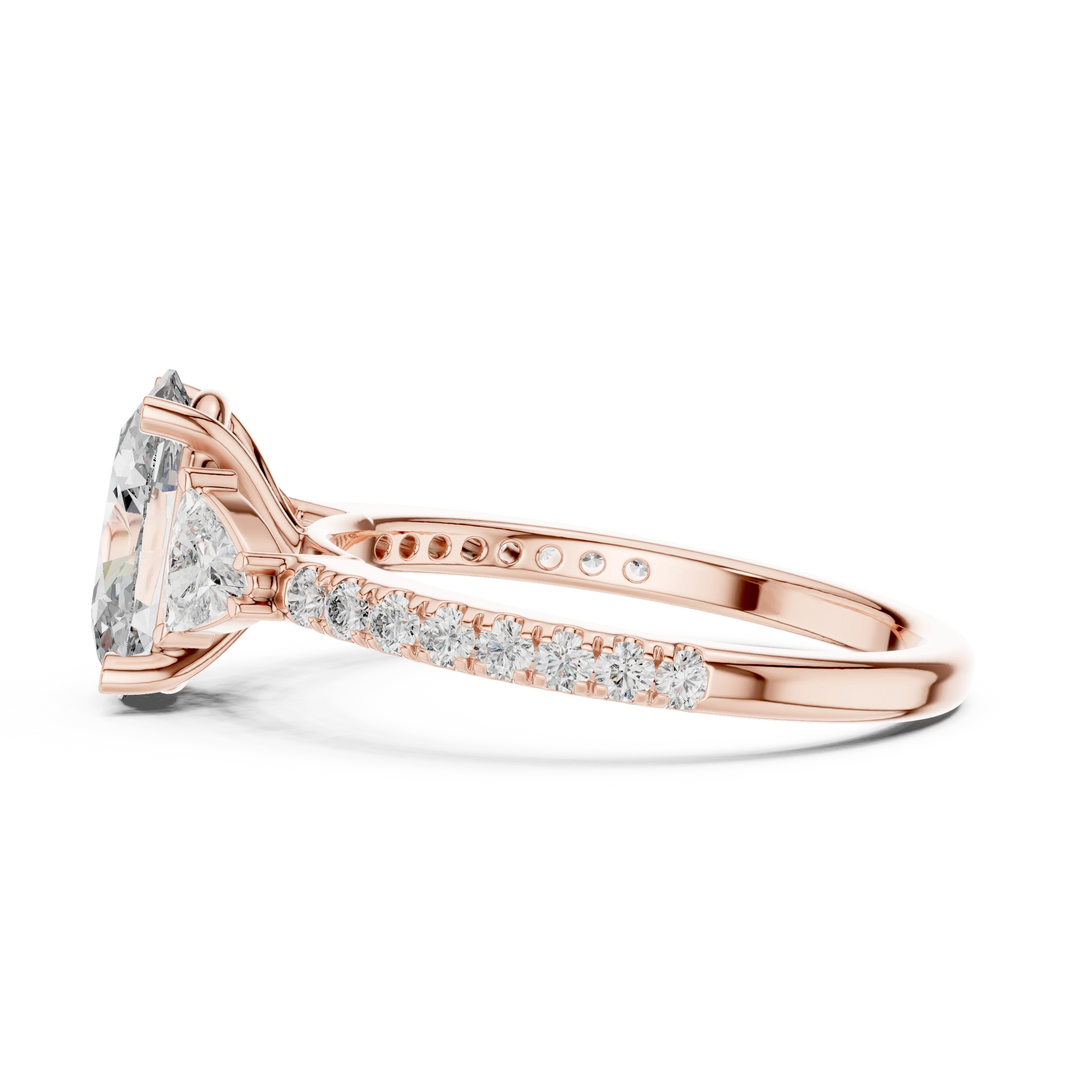 Oval Trillion Three Stone Pavé Moissanite Engagement Ring in rose 925 sterling silver, view 3