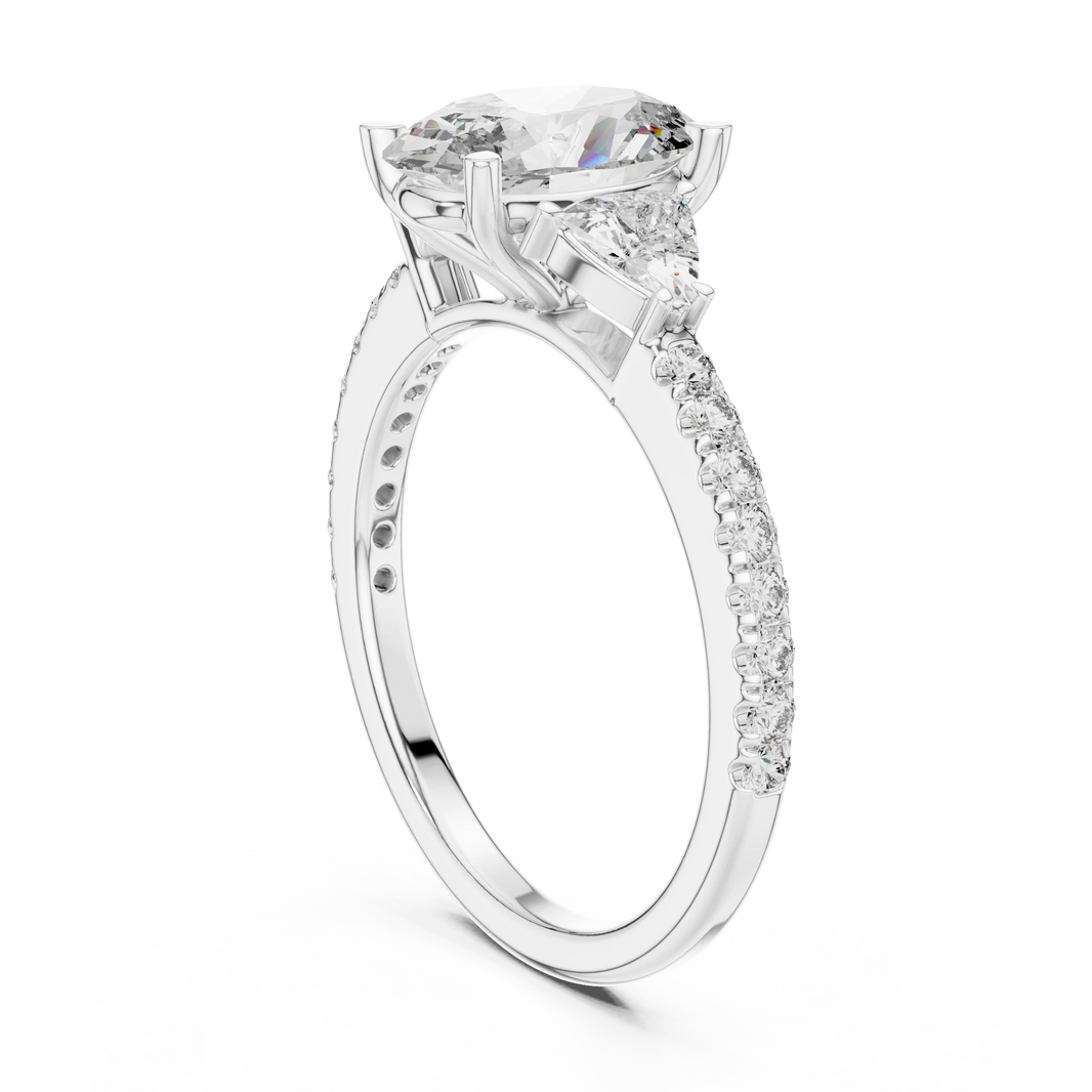 Oval Trillion Three Stone Pavé Moissanite Engagement Ring in white 925 sterling silver, view 1