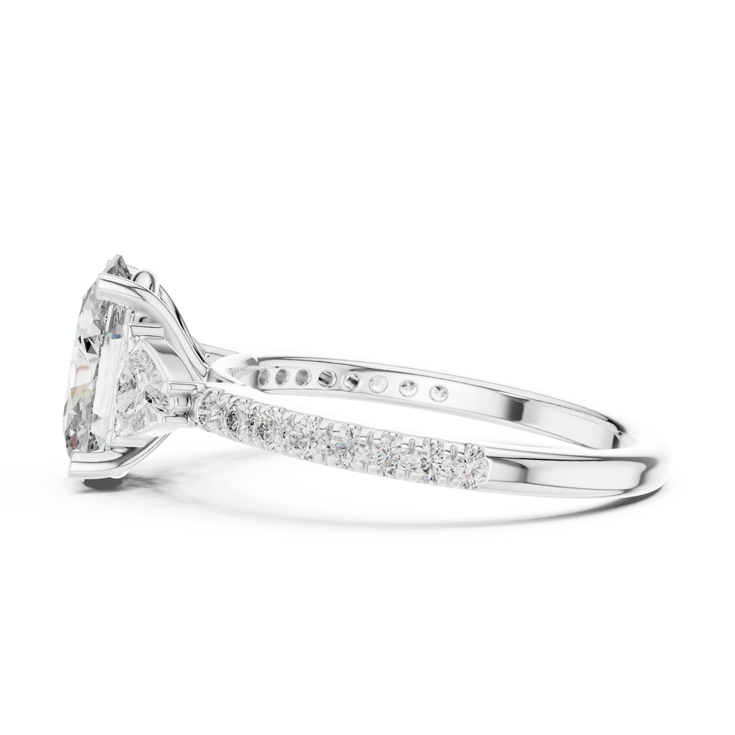 Oval Trillion Three Stone Pavé Moissanite Engagement Ring in white 925 sterling silver, view 3