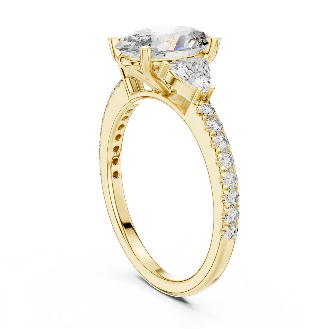 Oval Trillion Three Stone Pavé Moissanite Engagement Ring in yellow 925 sterling silver, view 1