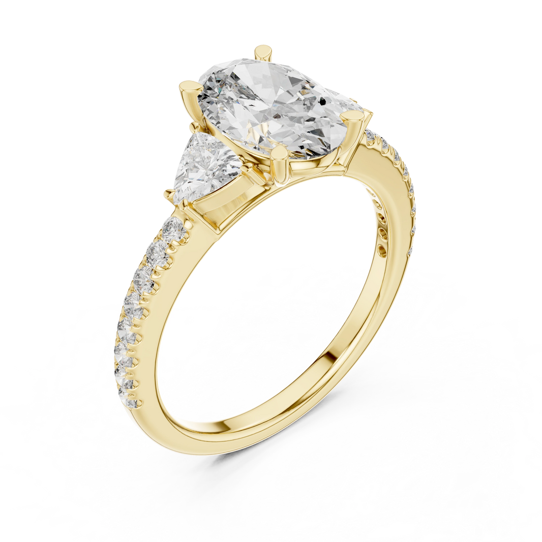 Oval Trillion Three Stone Pavé Moissanite Engagement Ring in yellow 925 sterling silver, view 2